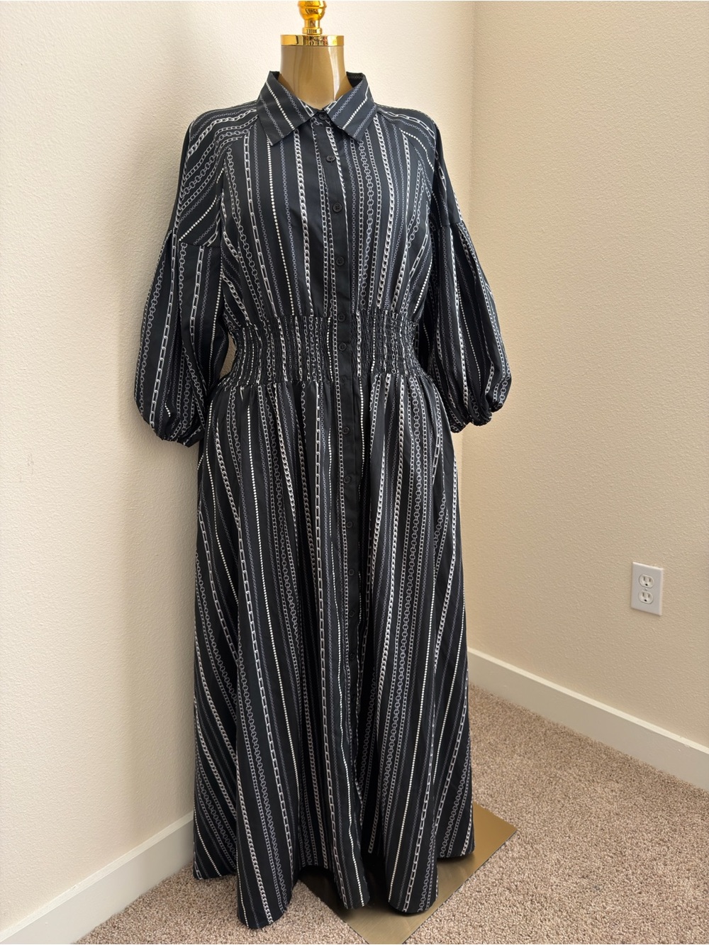 Striped Black Maxi Shirtdress with Smocked Waist